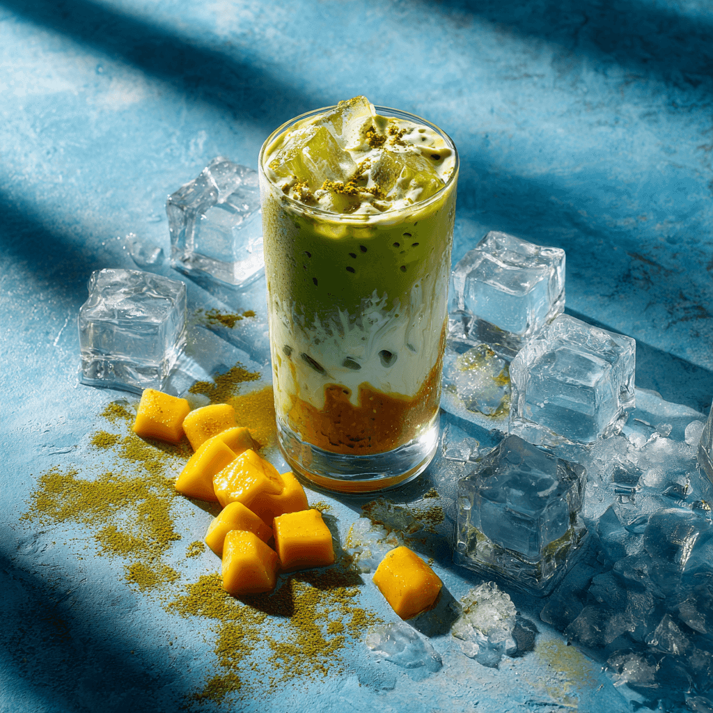 vanilla matcha latte in a tall glass with ice and cubes of mango next to it on a blue granite countertop