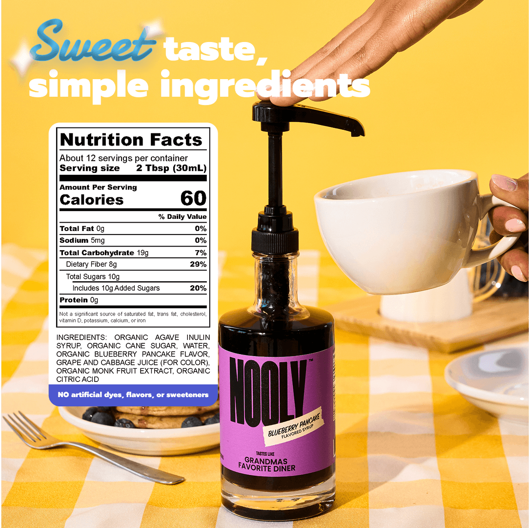 Bottle of Nooly blueberry syrup for coffee with a nutrition label and blueberry coffee syrup recipe ingredients