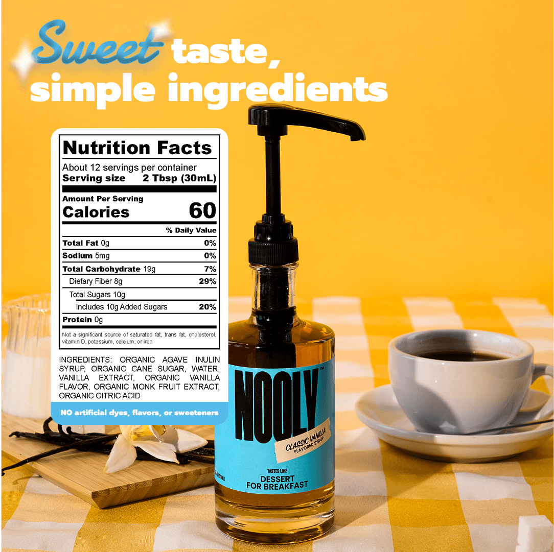 Bottle of Nooly vanilla syrup for coffee with a nutrition label and vanilla coffee syrup recipe ingredients