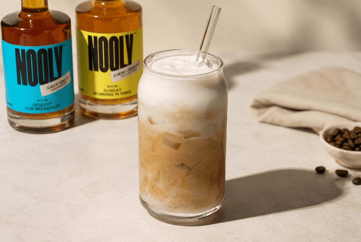 Iced latte with wedding cake cold foam