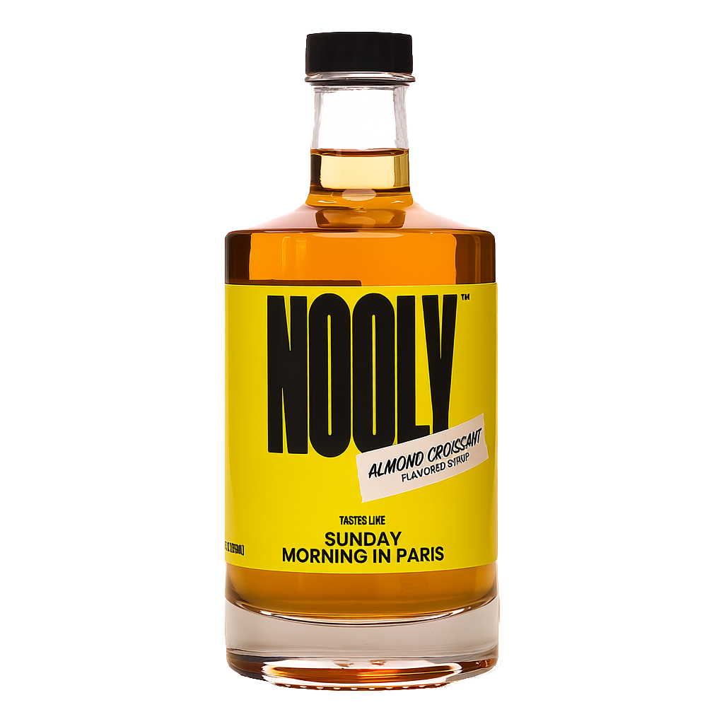 Bottle of Nooly almond syrup with yellow label