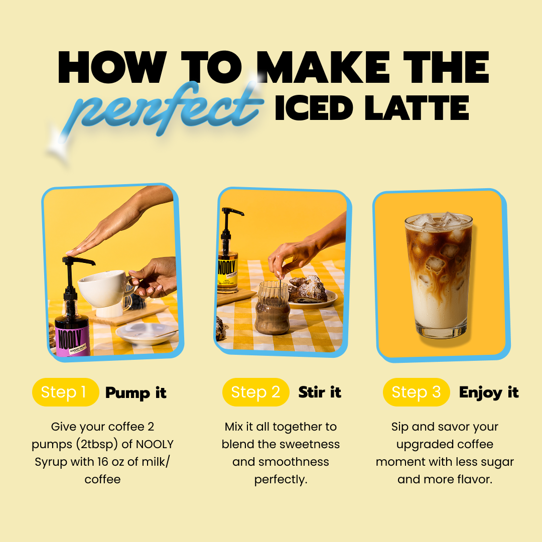 Step-by-step guide on how to make a perfect blueberry iced latte using Nooly blueberry syrup for drinks with images and text
