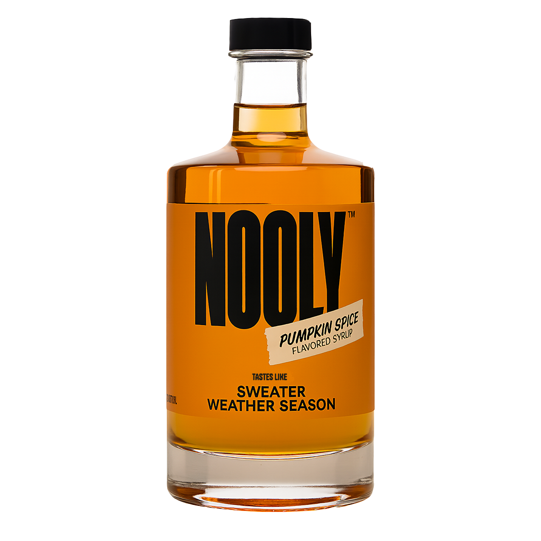 Bottle of Nooly pumpkin spice syrup on a white background